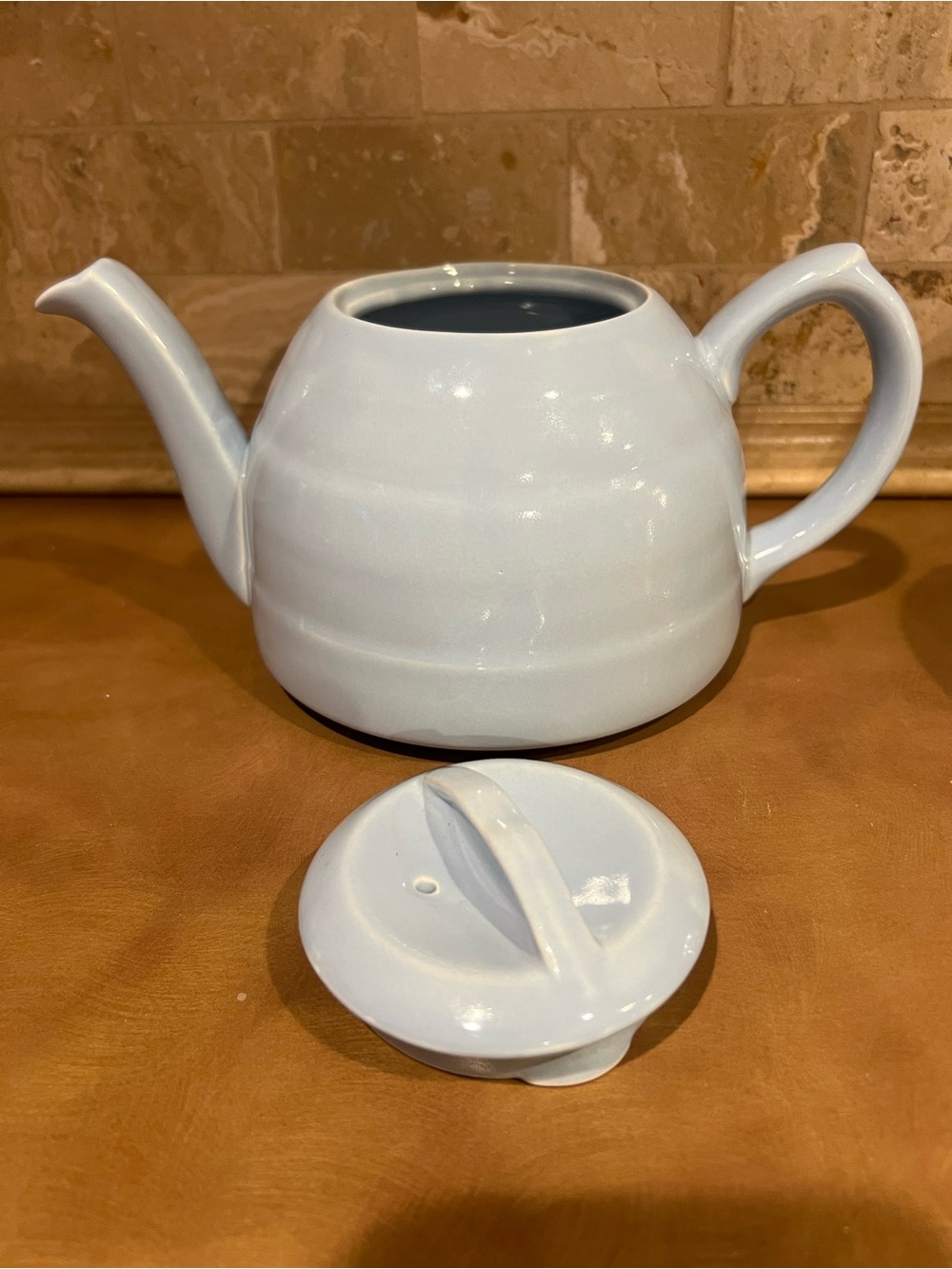 Vintage English Perwinkle Ceramic Teapot with Insulated Aluminum Cover, Used
